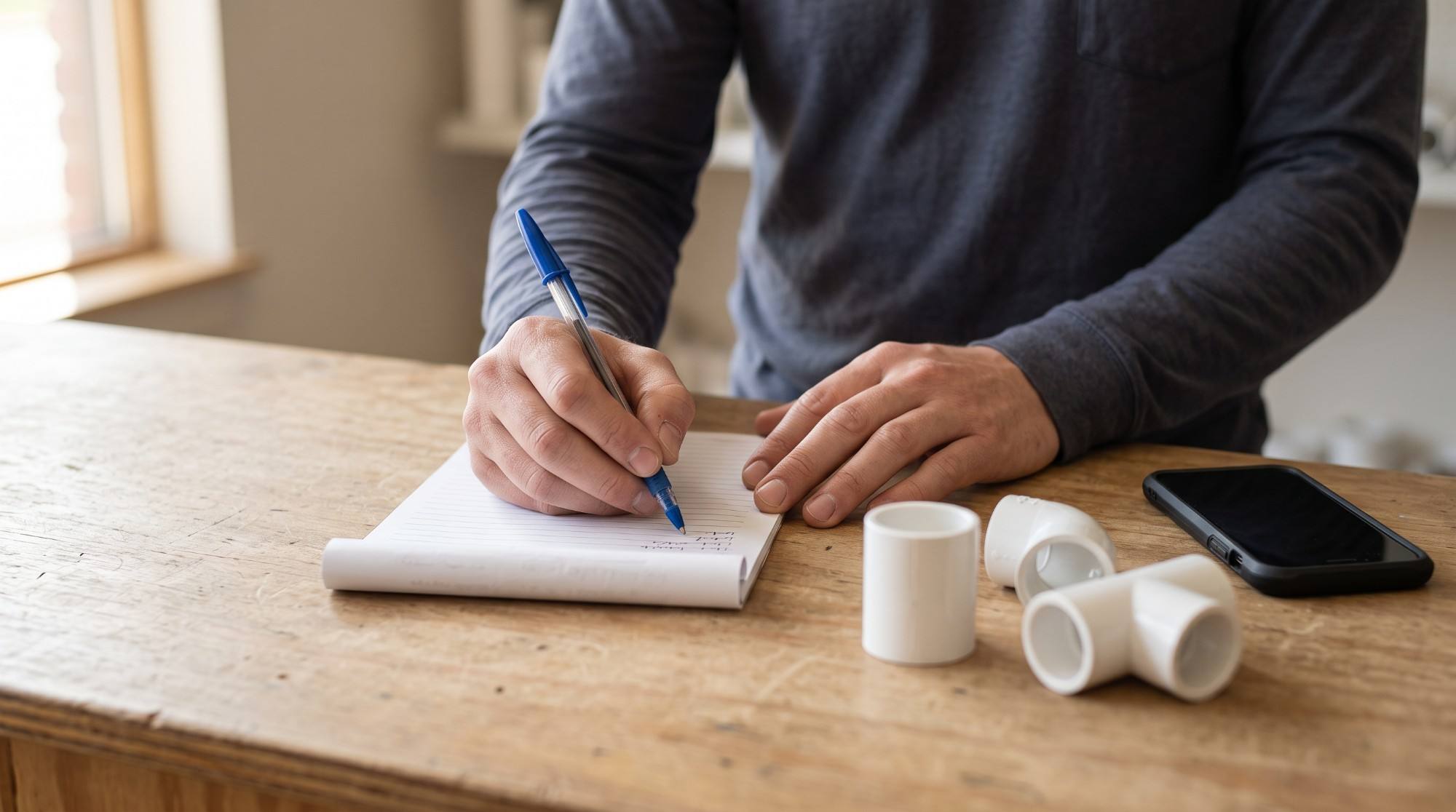 Hands writing an order list at a wooden counter, beside white PVC fittings and a phone