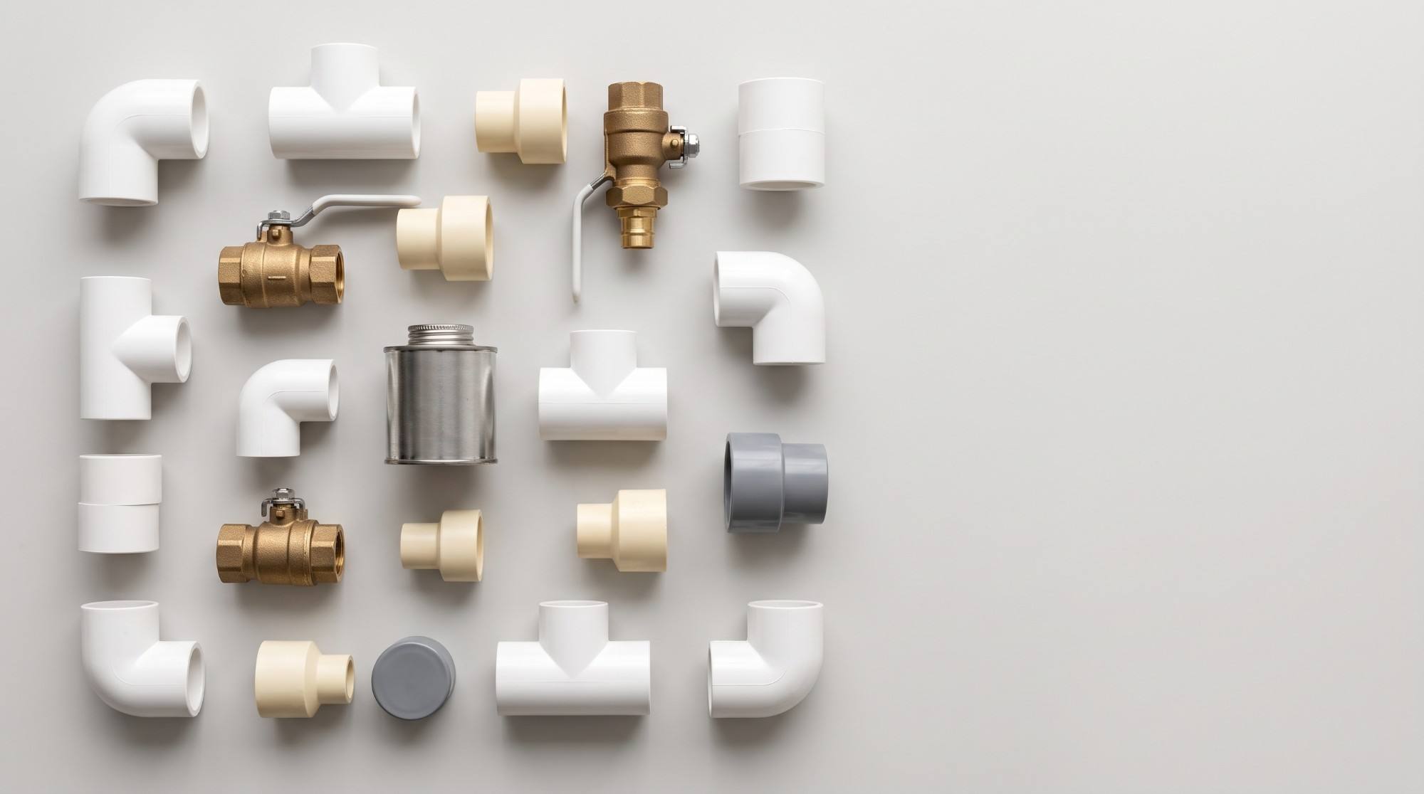 White uPVC, cream CPVC and grey PVC fittings with brass ball valves and a tin of solvent cement, laid out on a grey surface