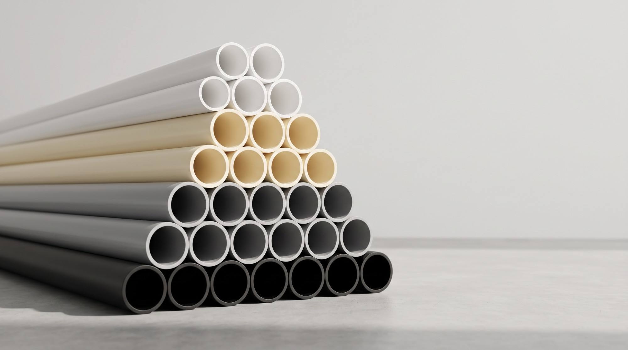 A pyramid of white, cream, grey and black plastic pipes stacked on a concrete floor